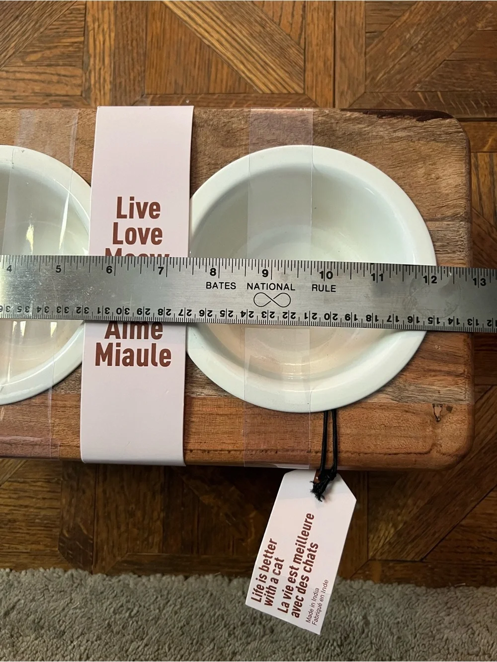 Live Love Meow Double Cat Bowl Set - White metal bowls with ceramic like coat.